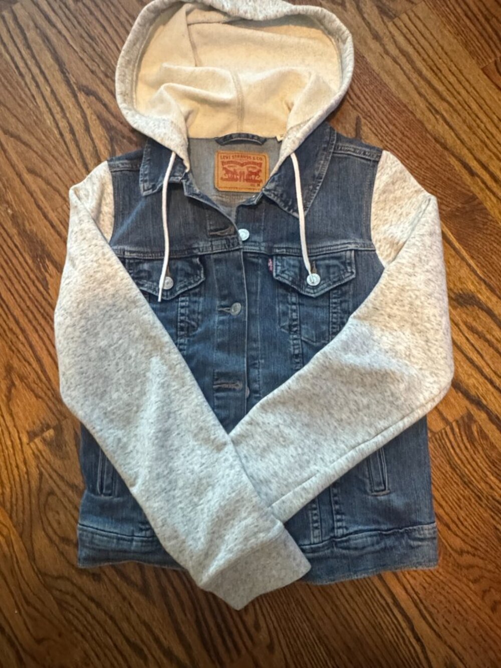 Levi's Women's Hybrid Trucker Jean Jacket Denim Gray Hoodie Sleeves Hood Size M